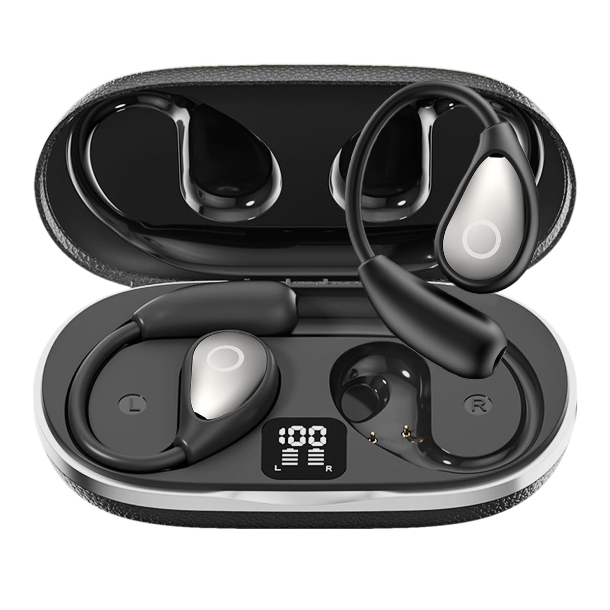 CuiSuto Open Ear Buds with LED case display showing battery level for easy charging.