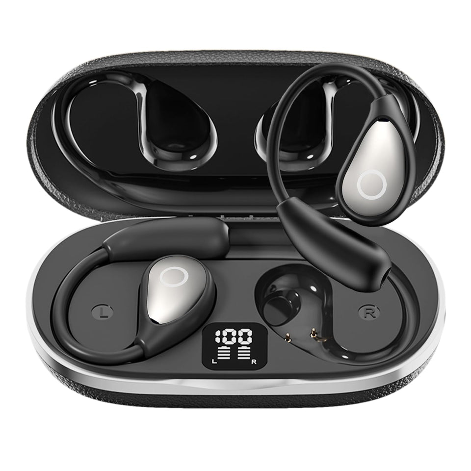 CuiSuto Open Ear Buds with LED case display showing battery level for easy charging.