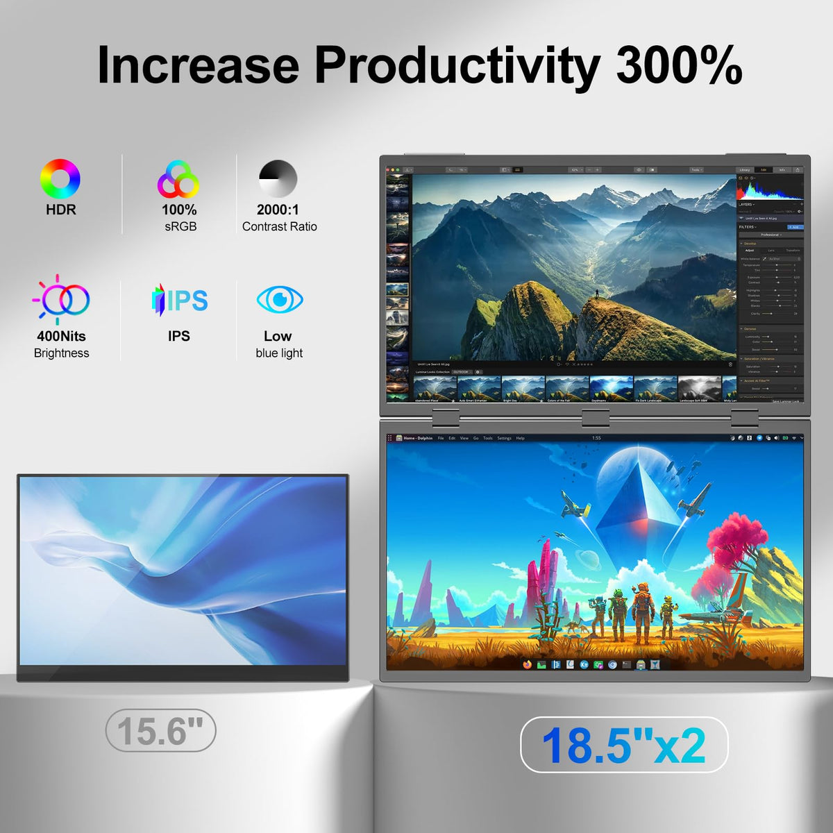CUIUIC folding dual-screen setup for collaborative viewing on desk.