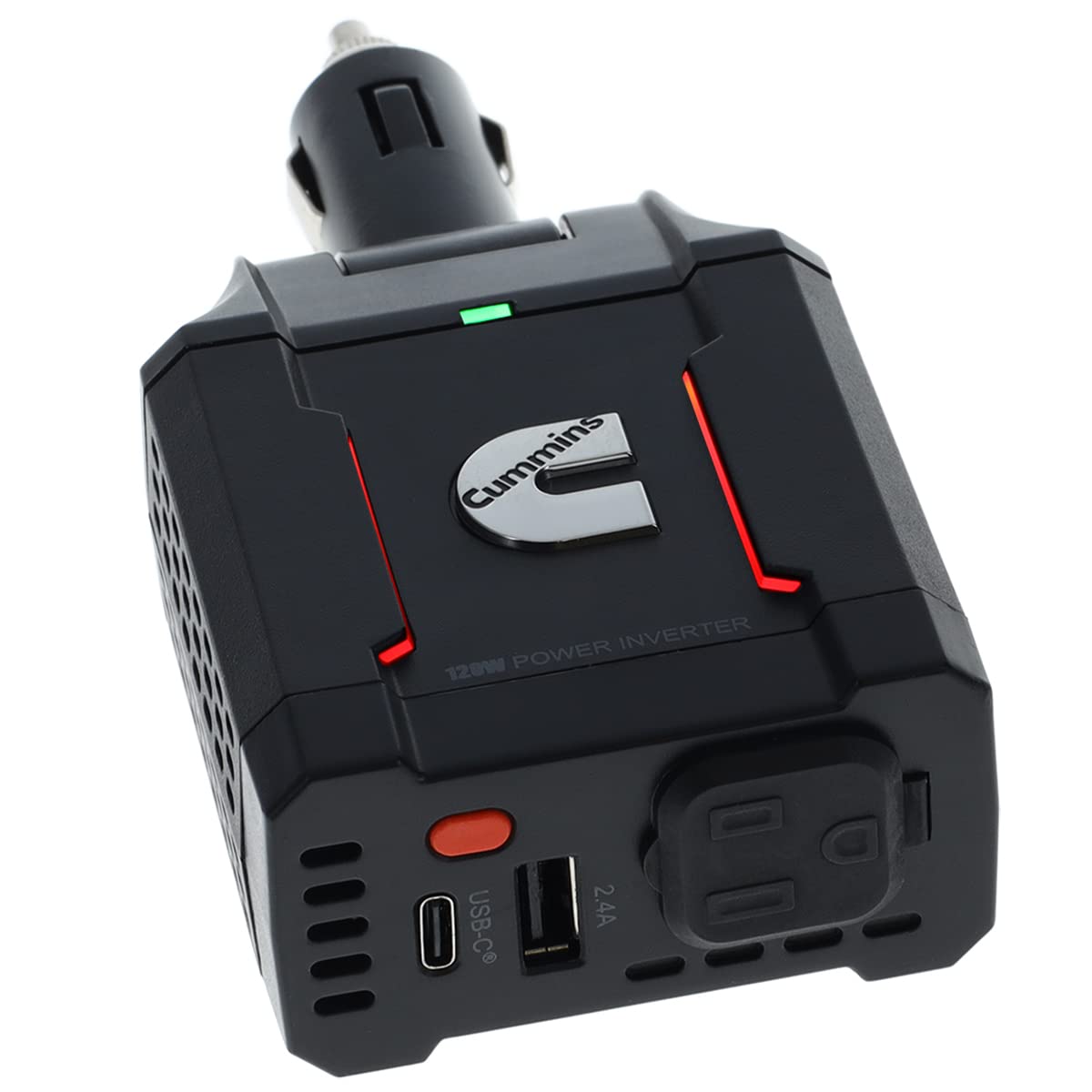Cummins inverter front view showing AC outlets and ports for convenient charging