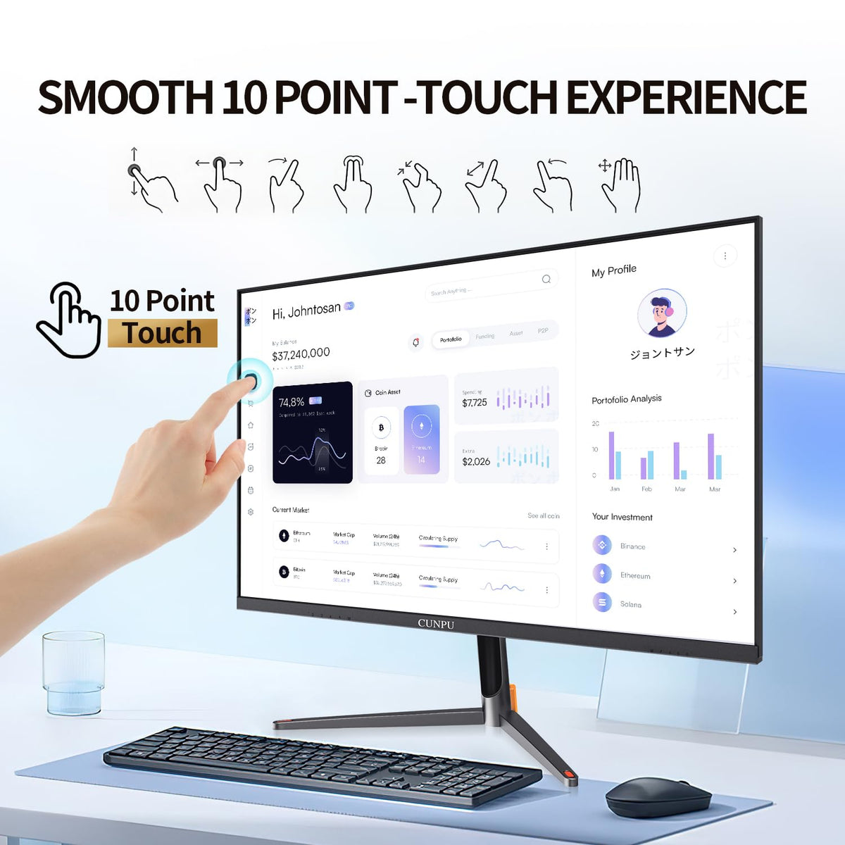 CUNPU 24-inch touchscreen monitor HDMI and VGA ports for easy setup