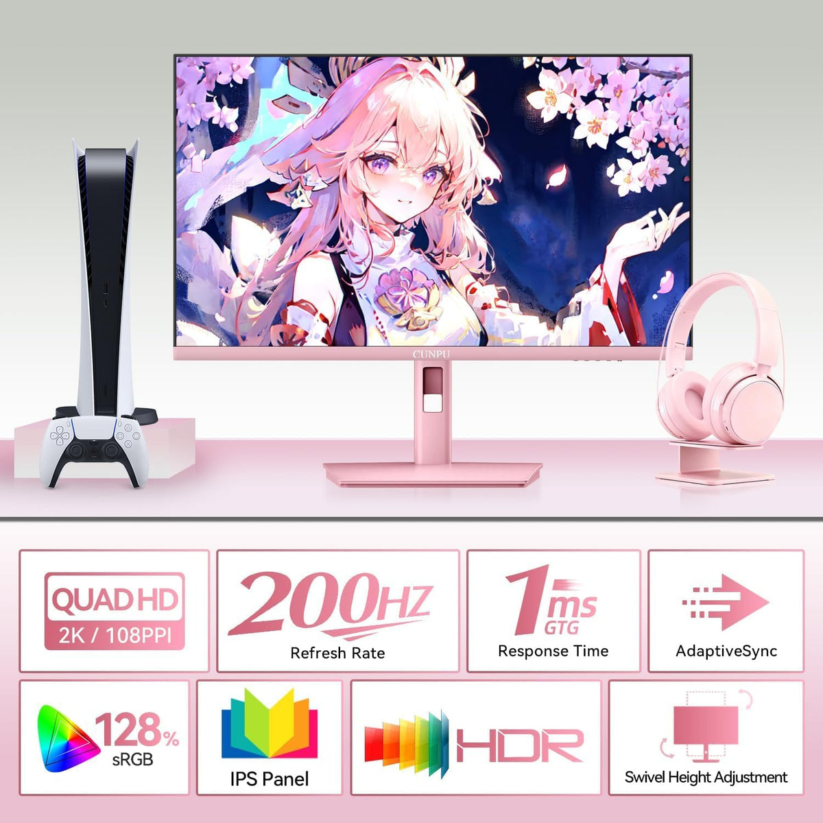 CUNPU pastel pink monitor side tilt for ergonomic viewing comfort
