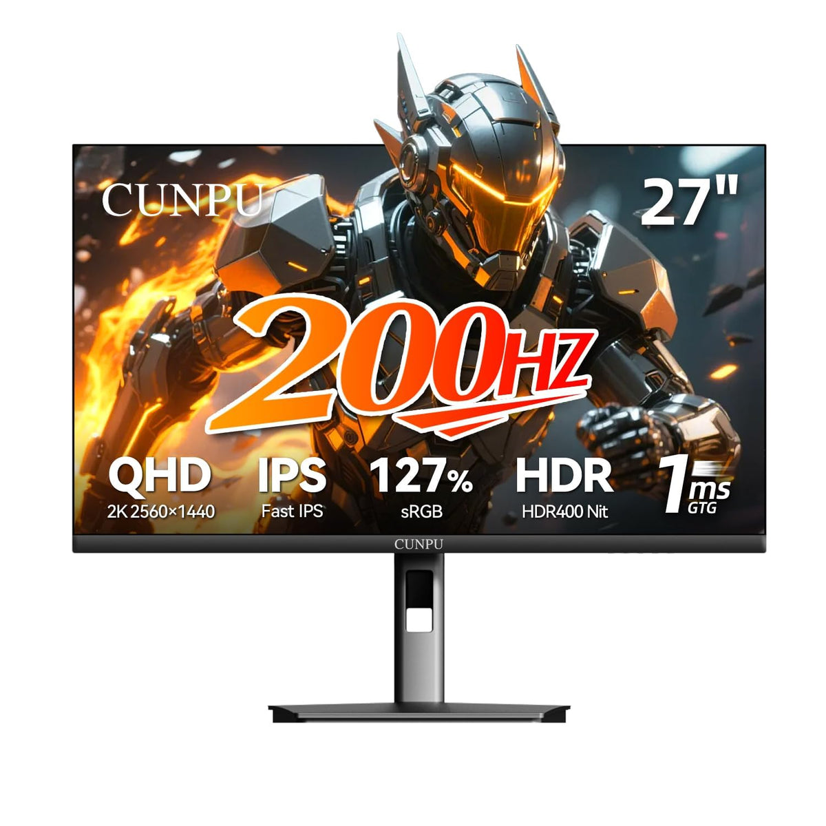 CUNPU 27-inch gaming monitor front view with smooth motion and vibrant colors.