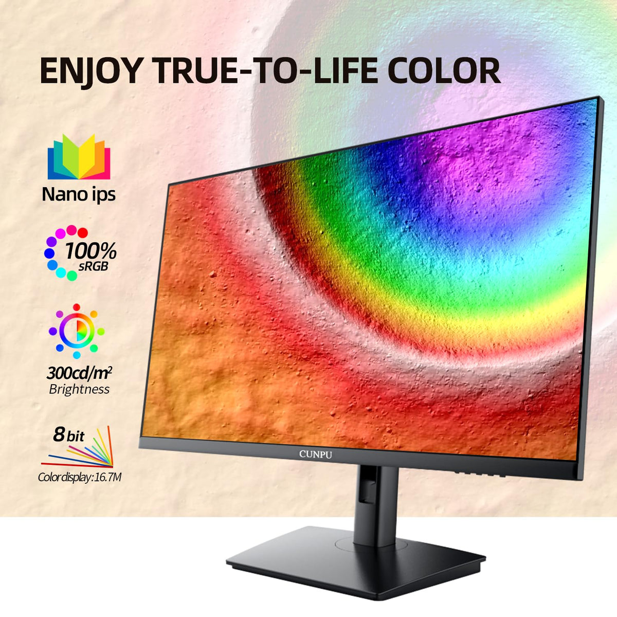 CUNPU 27-inch touchscreen monitor demonstrates HDR10 color depth for richer visuals.