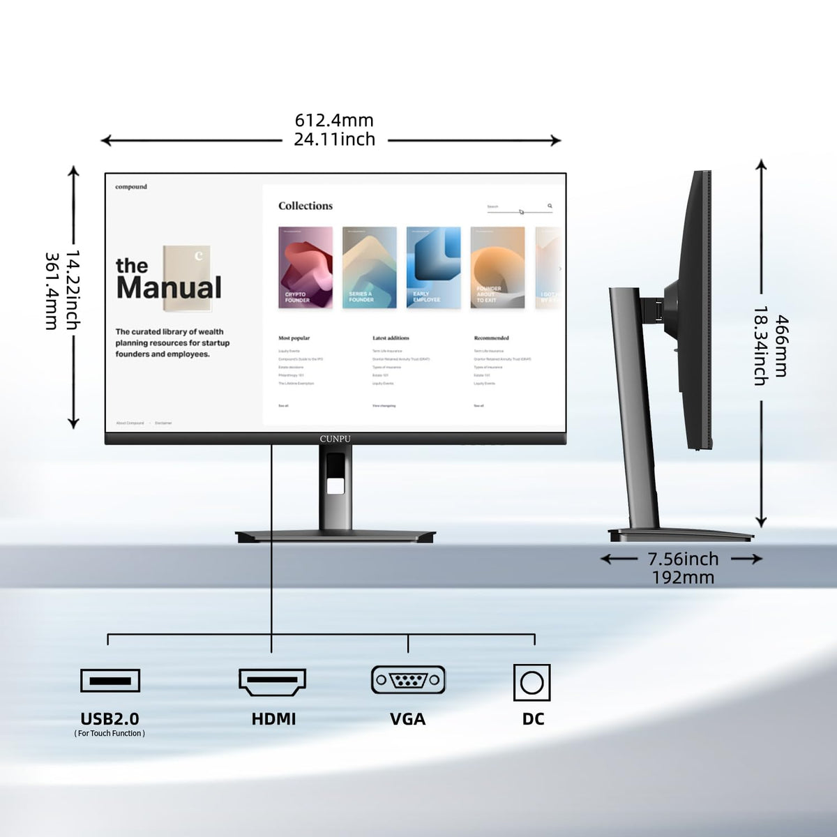CUNPU 27-inch touchscreen monitor touch activation setup using USB-B and HDMI cables.