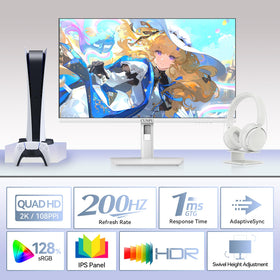CUNPU 27-inch white monitor showing ergonomic stand adjustment for comfortable viewing