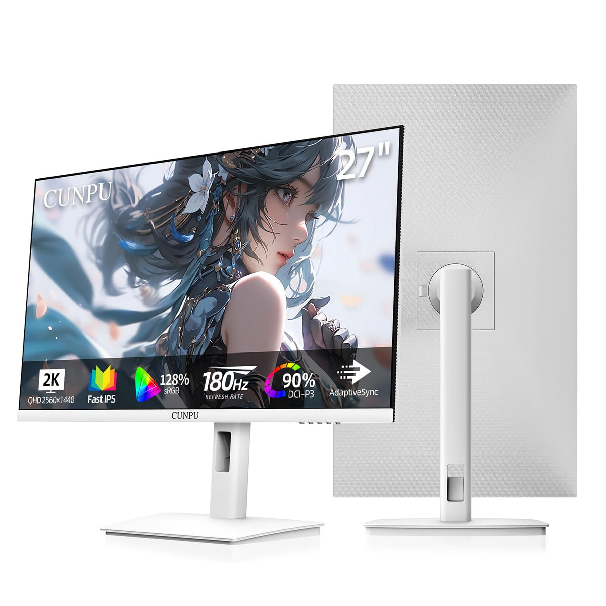 CUNPU 27-inch white gaming monitor front view with vivid QHD display for immersive gaming