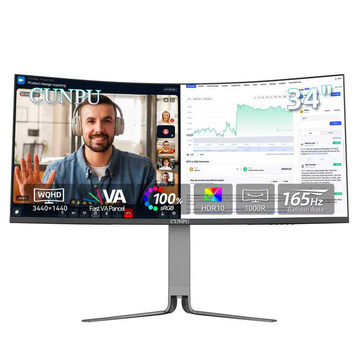 CUNPU 34-inch ultrawide curved monitor for seamless multitasking and wide-screen visibility