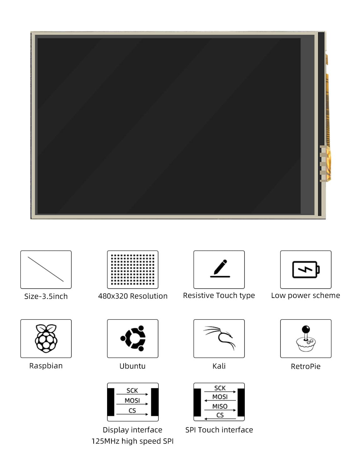 CUQI Raspberry Pi display shows 480x320 resolution at 60FPS for clear visuals.