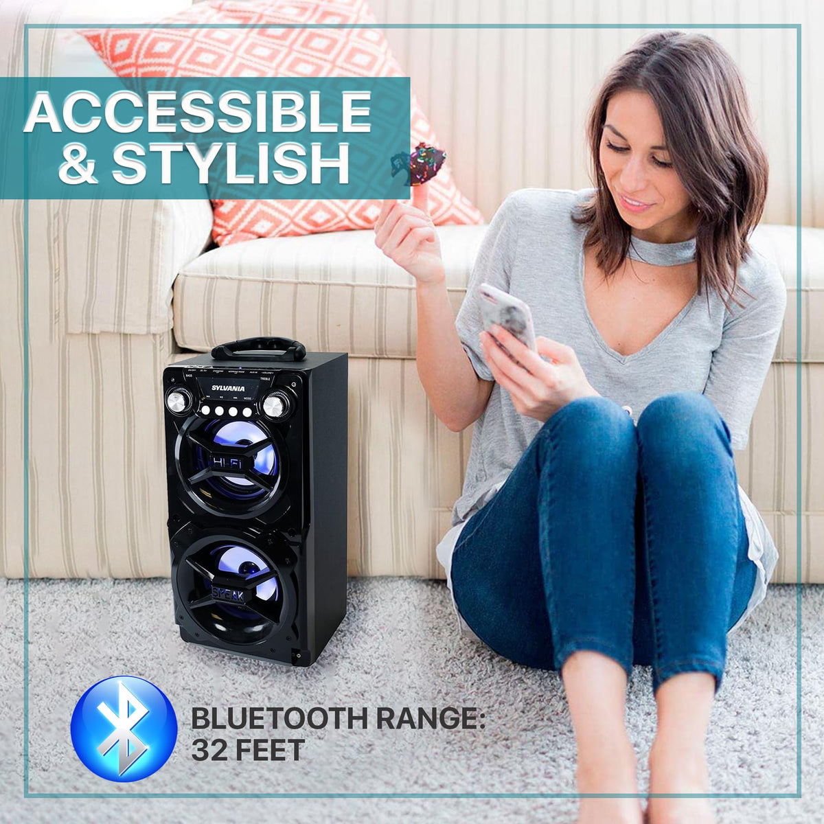 Curtis LEDVANCE Sylvania portable speaker with dual subwoofers for deep bass