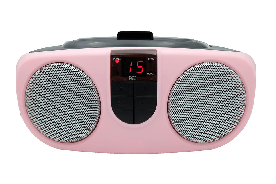 Curtis pink boombox front view showing controls and CD door for easy portable listening