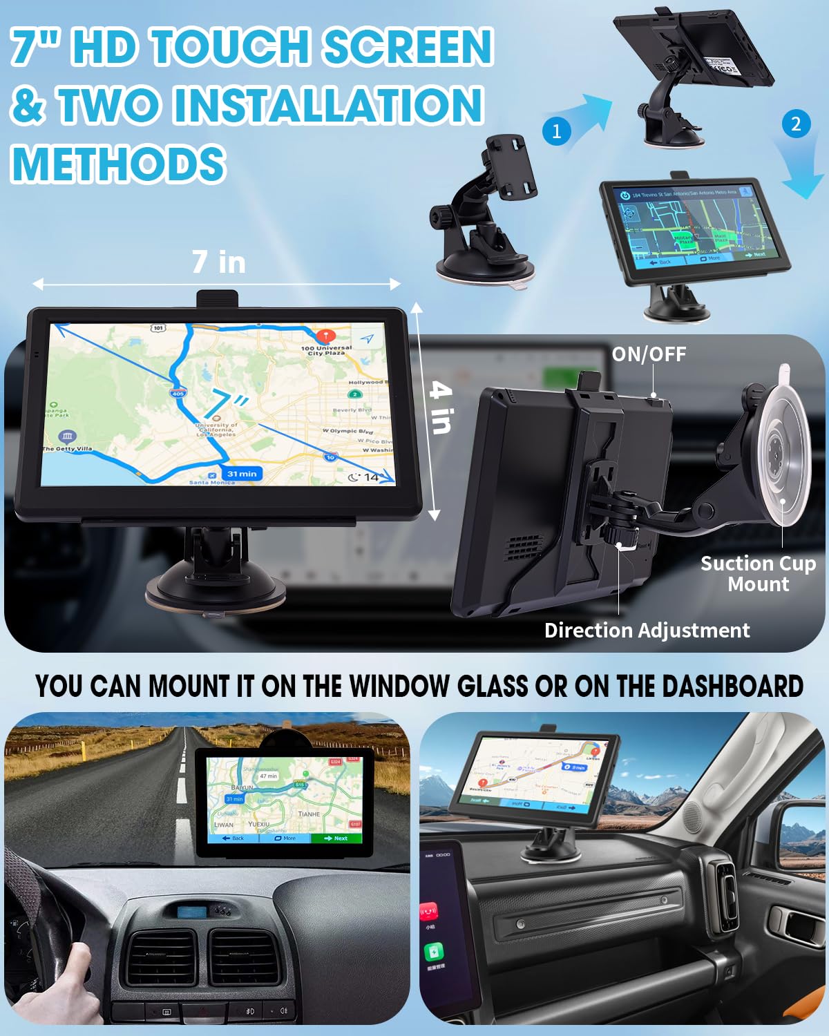 Cutebe GPS Navigator shows 2D/3D maps with day and night viewing modes.