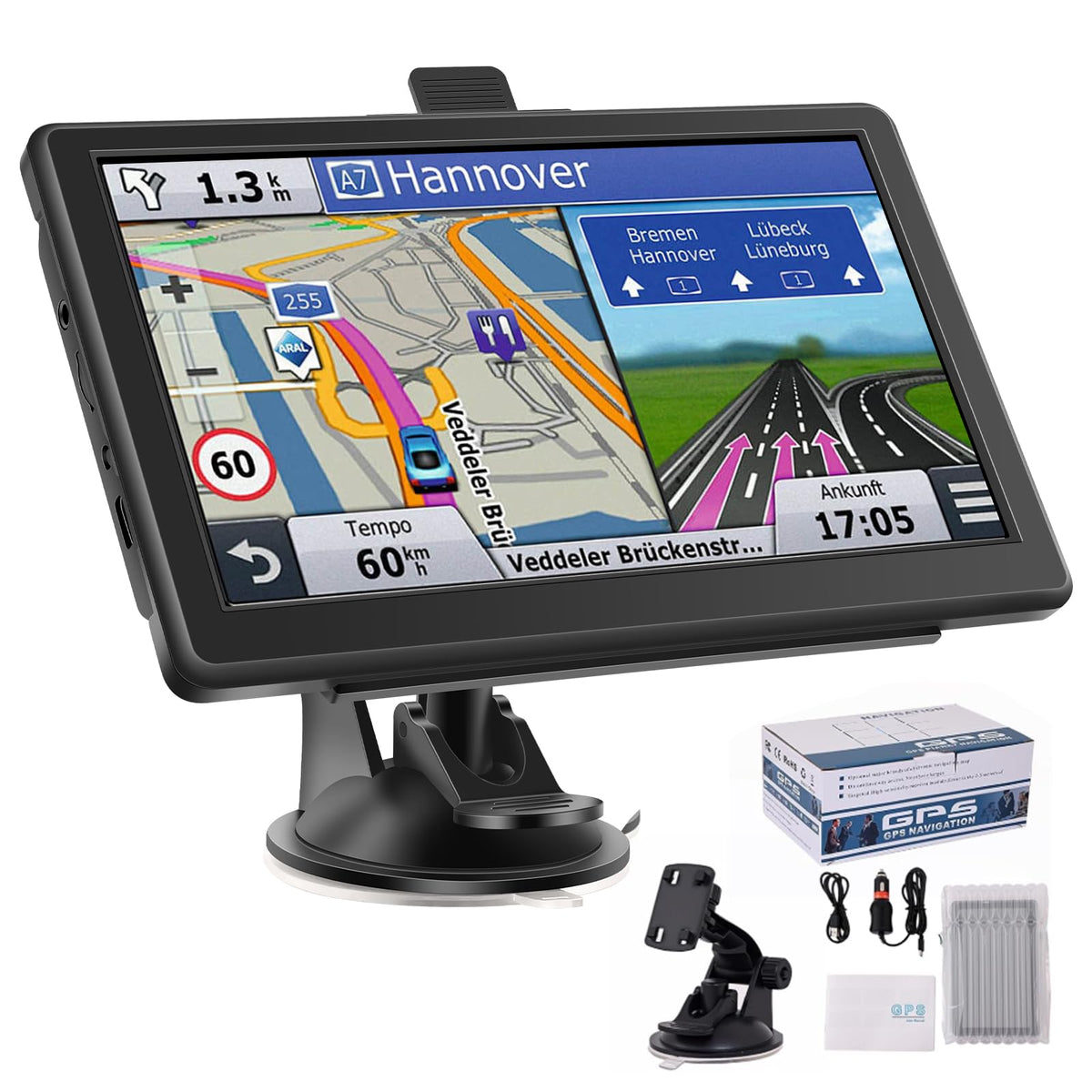 Cutebe GPS Navigator 7-inch screen with clear turn-by-turn guidance on the road.