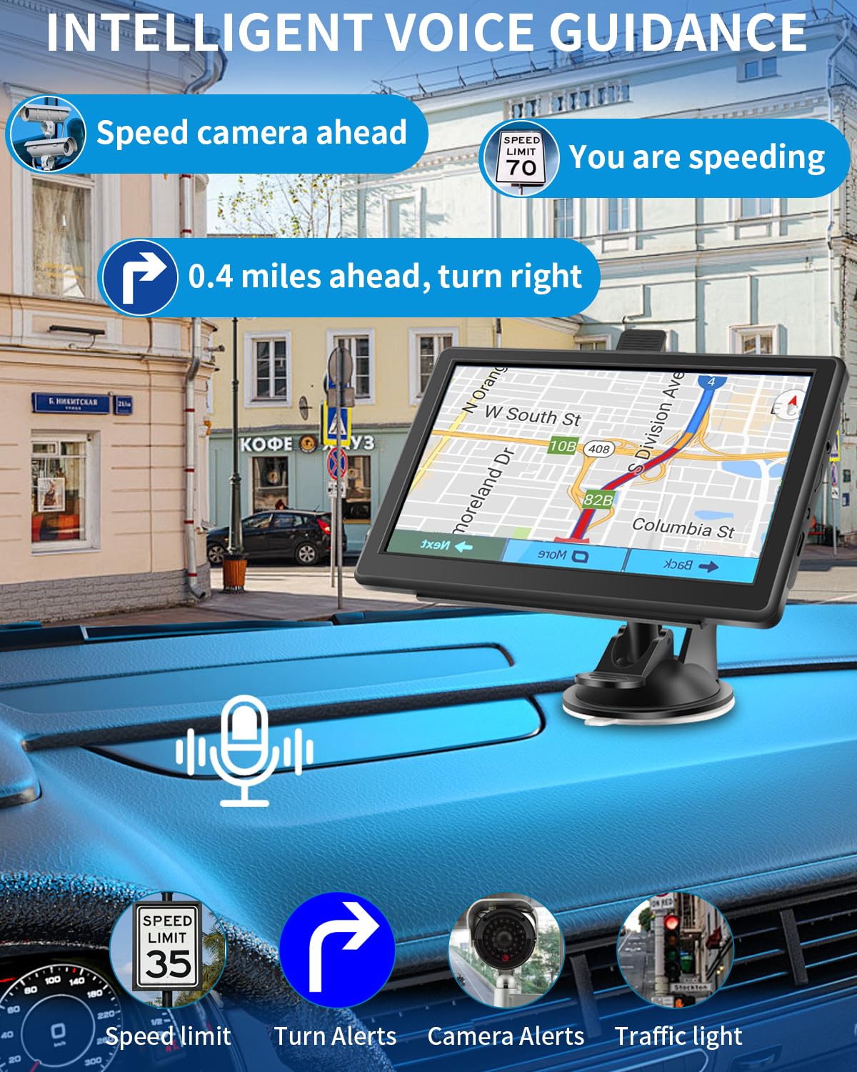 Cutebe GPS Navigator provides voice guidance with turn-by-turn directions.