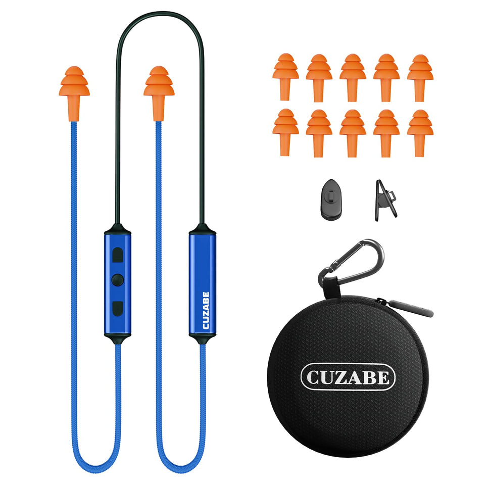 Cuzabe front packaging showing earbuds and benefits for jobsite safety