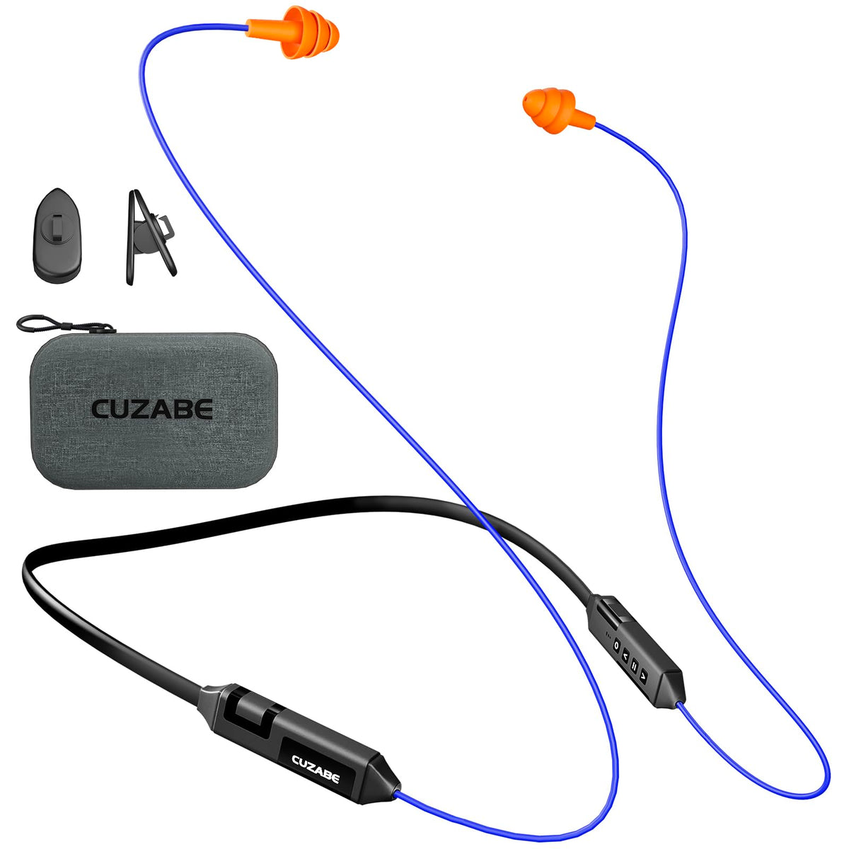 Cuzabe front view showing earplug headphones and packaging, highlights protective design