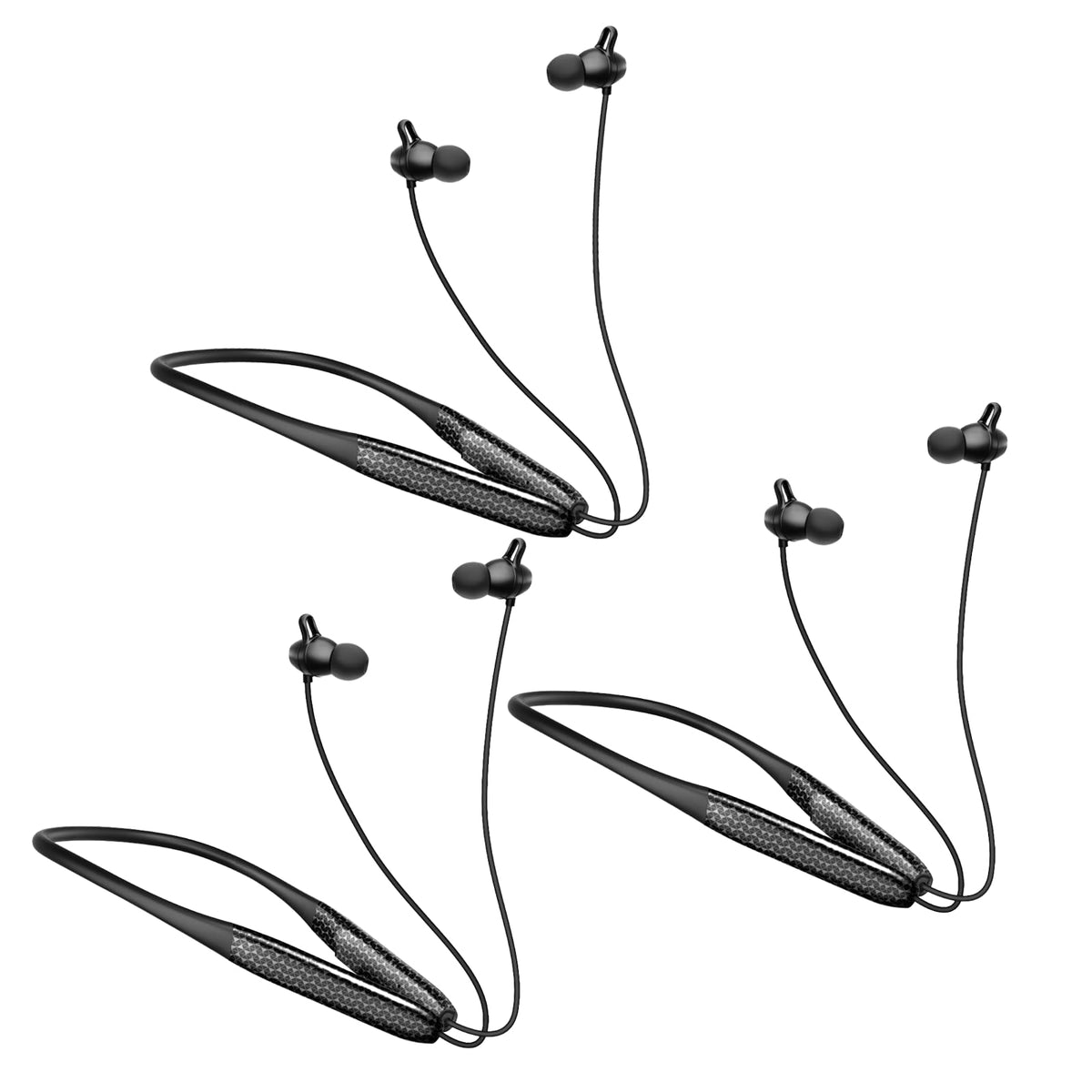 CXPSUE neckband headset front view, three-pack for shared listening on the go.
