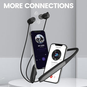 CXPSUE neckband beside smartphone showing scale and travel-ready battery life
