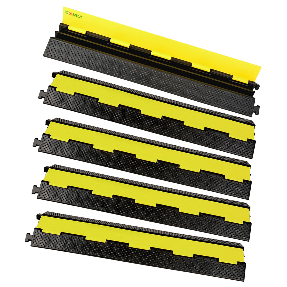 CXRCY 2-channel cable protector ramp with flip-top lid protects cords on driveways.