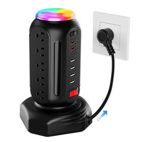 CYAN BOX front view of tower showing 15 AC outlets and 6 USB ports for organized charging