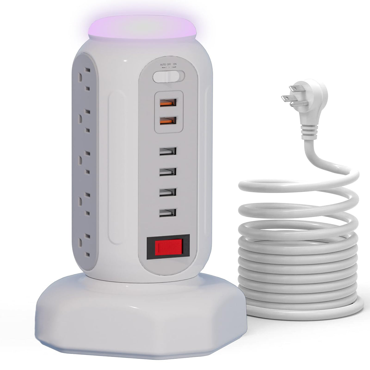 CYAN BOX front view of tower with 15 AC outlets showing compact space-saving benefit