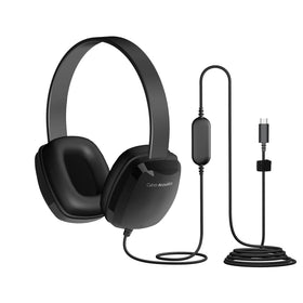Cyber Acoustics ACM-6005C headphones on desk for office use with comfortable leatherette earpads.