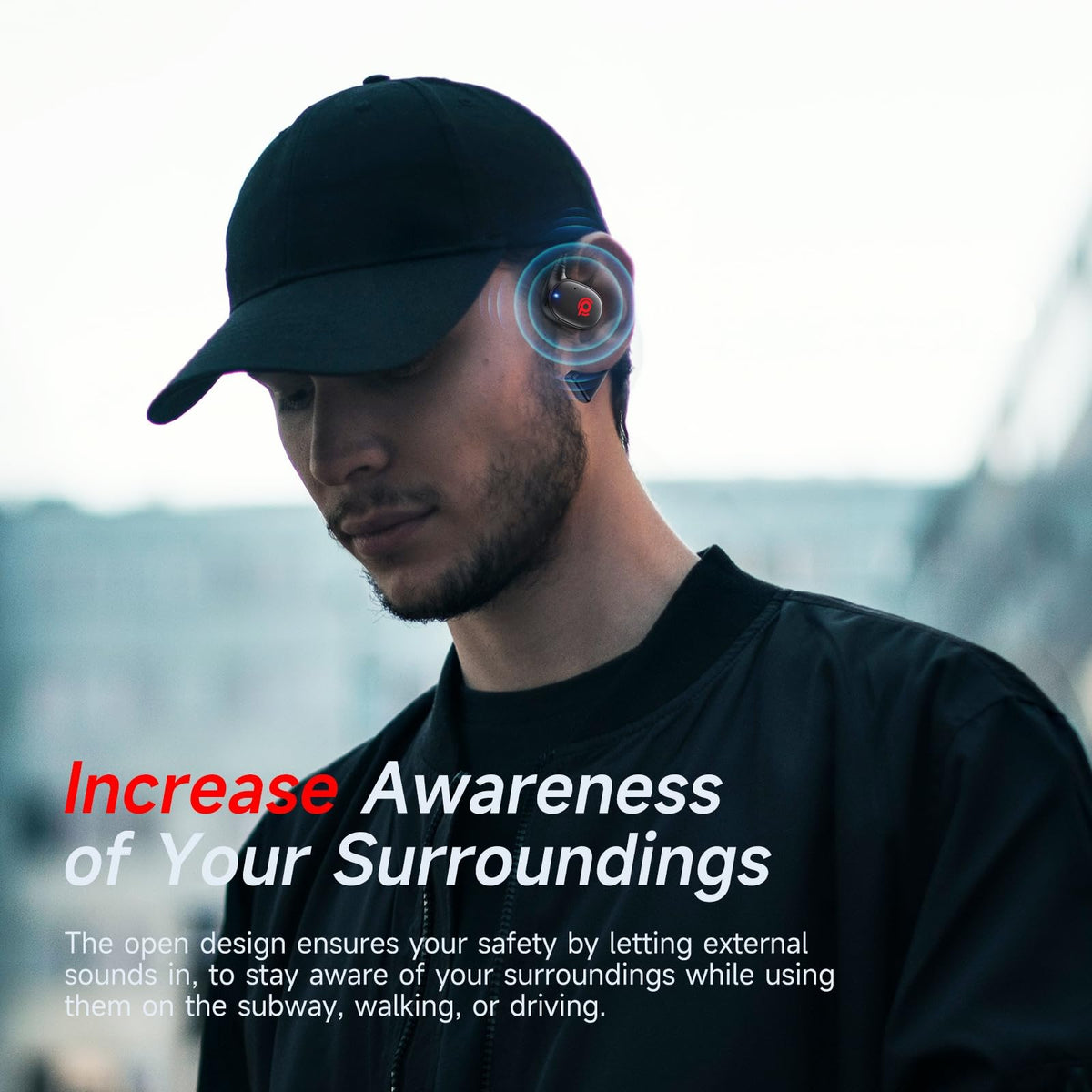 CYBERDOT Open Ear Headphones worn outdoors highlighting ambient sound awareness