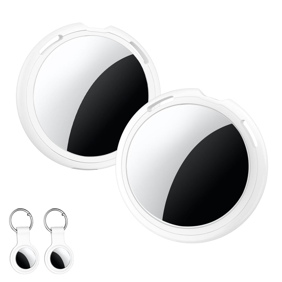 CYBERDOT tracker tags close-up with keyring showing compact everyday use