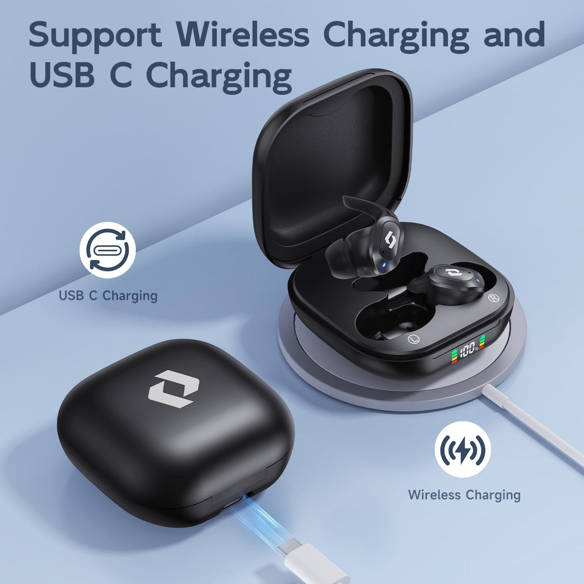 CYBERDOT LED power display showing case and earbud status at a glance