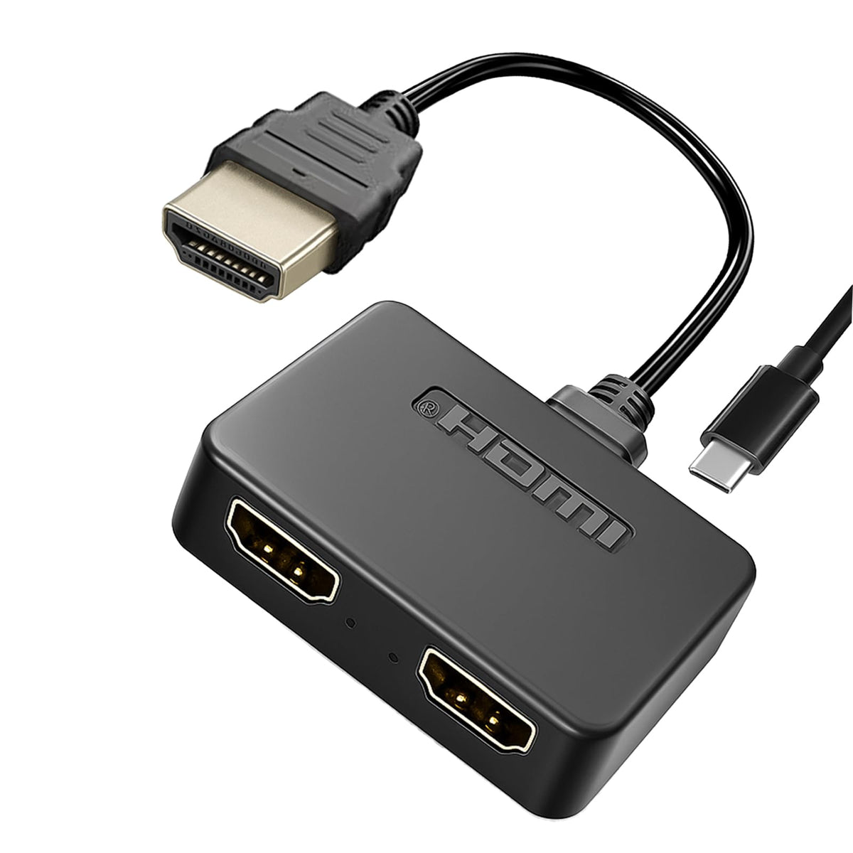 Cyberguys 4K60 HDMI splitter front view with compact, space-saving design.