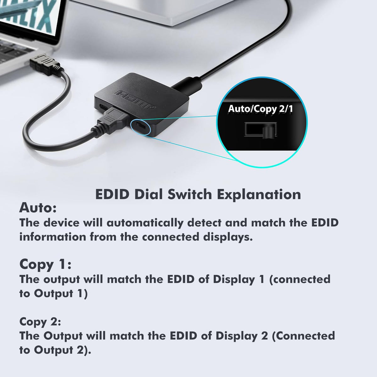 Cyberguys HDMI splitter provides full audio pass-through to two screens.