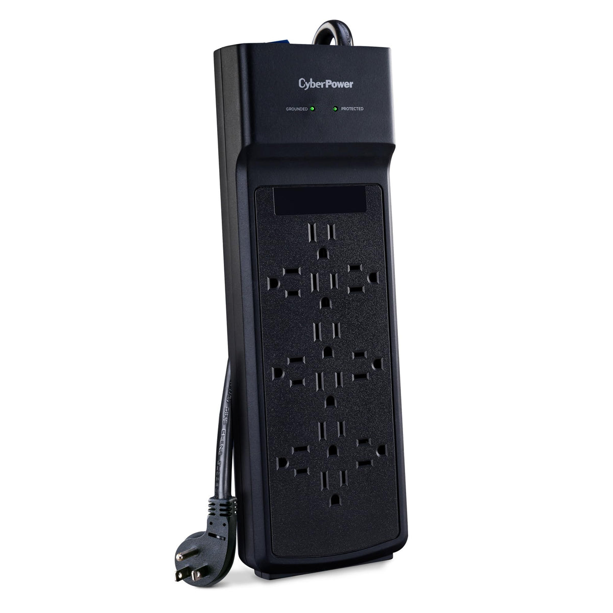 CyberPower front view of 12-outlet surge protector showing layout and capacity benefit
