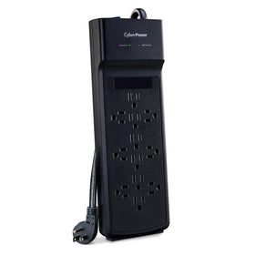 CyberPower front view of 12-outlet surge protector showing layout and capacity benefit