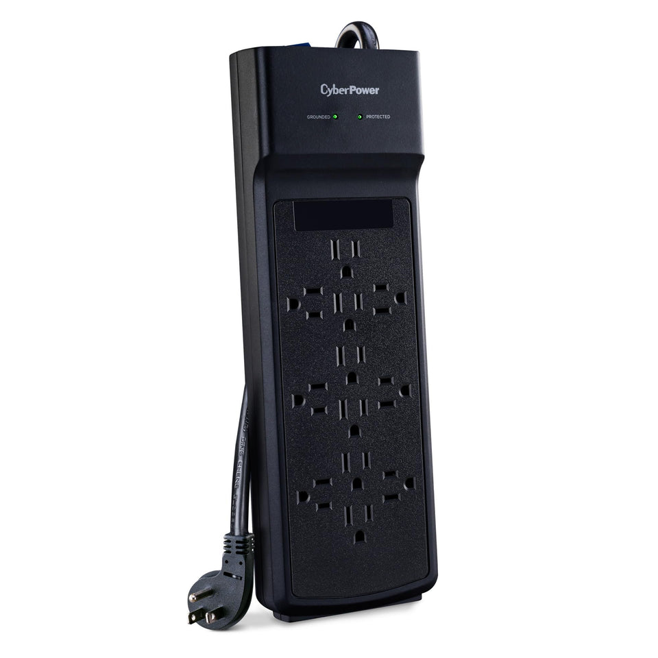 CyberPower front view of 12-outlet surge protector showing layout and capacity benefit