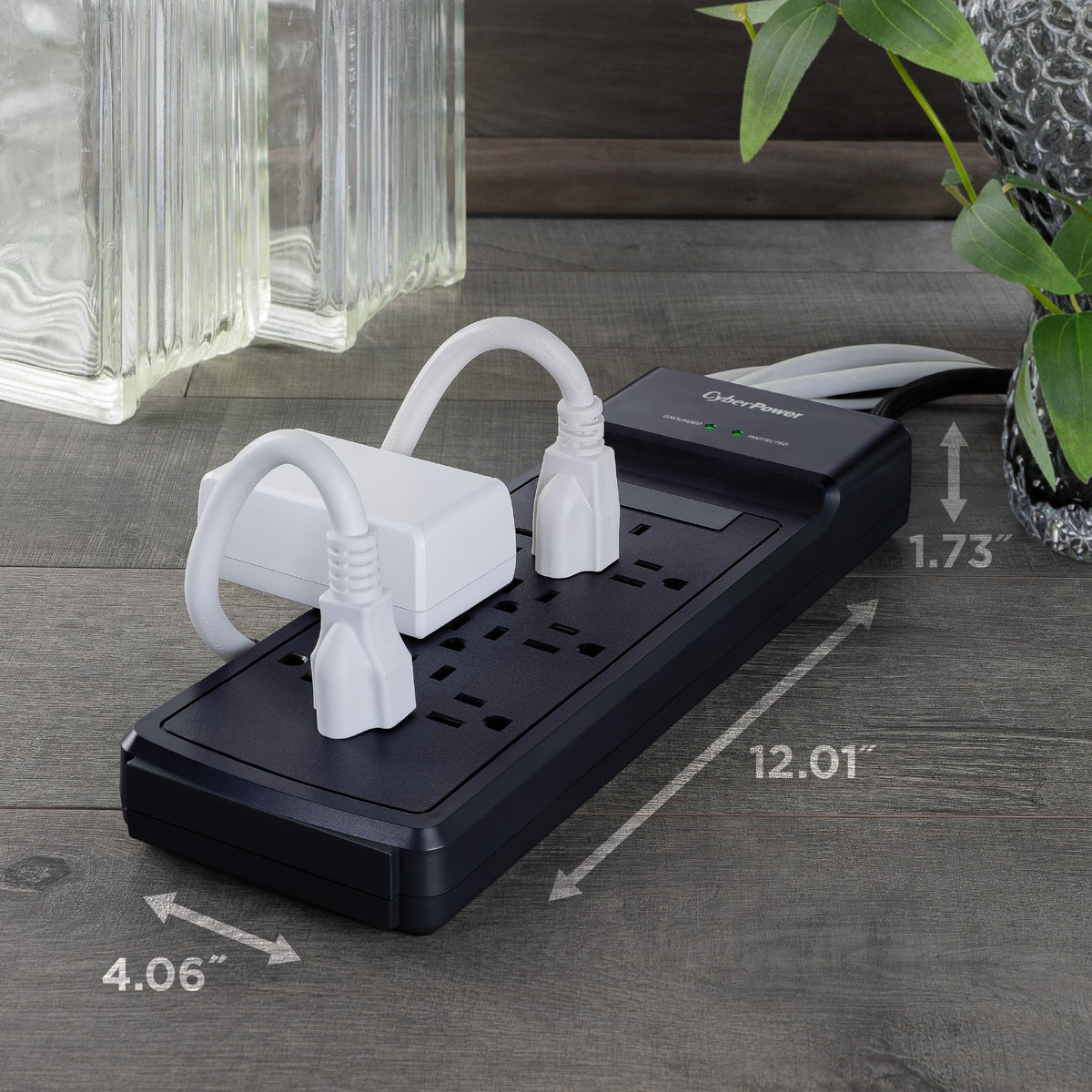 CyberPower right-angle plug and 6-foot cord for flexible placement behind furniture
