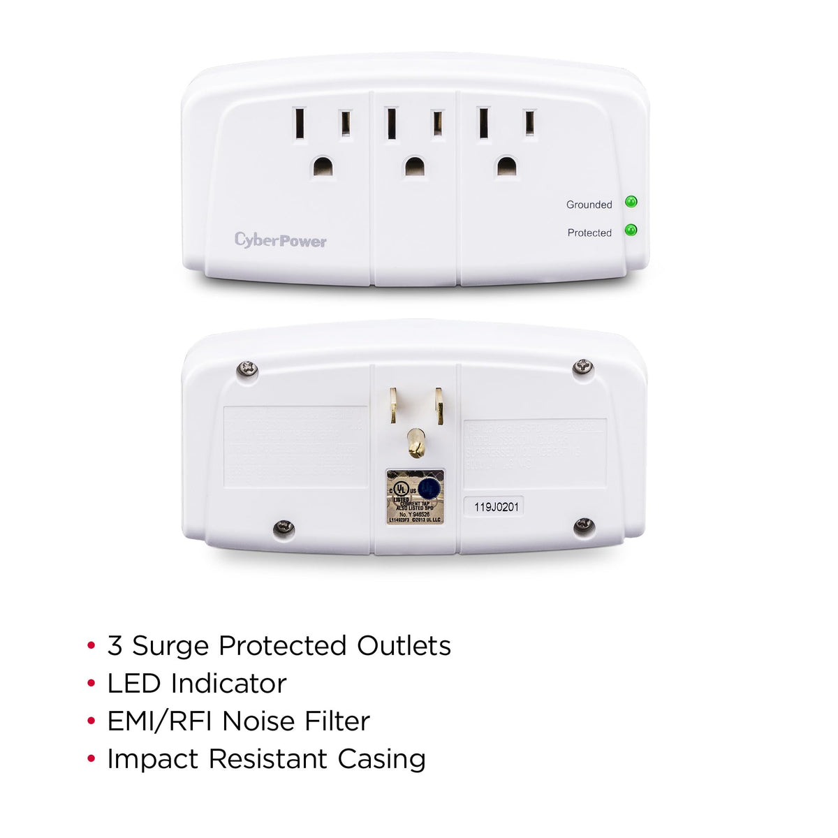 CyberPower CSB300W label and specs image highlighting model information and safety listing benefits