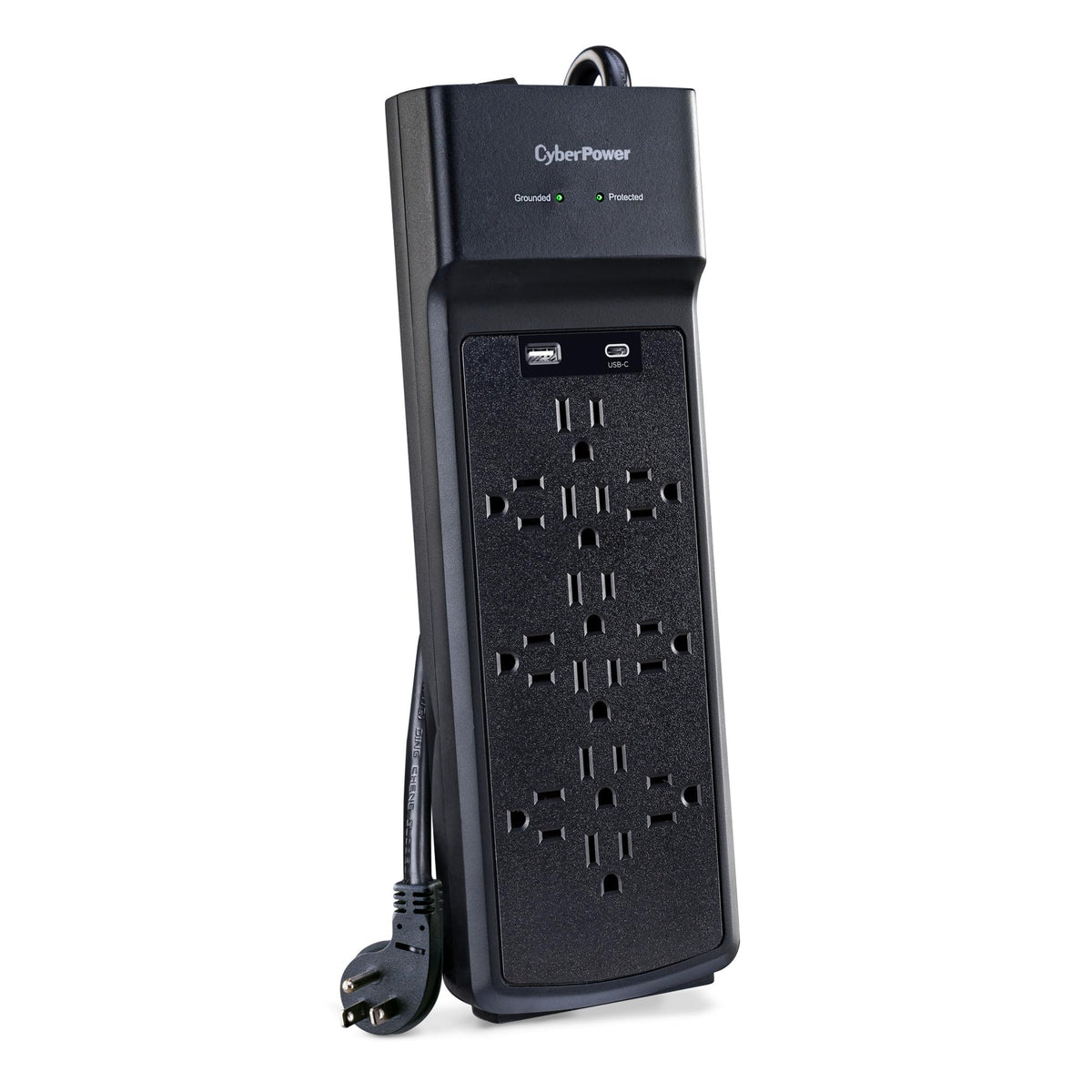 CyberPower front view showing all twelve outlets and black housing for versatile placement