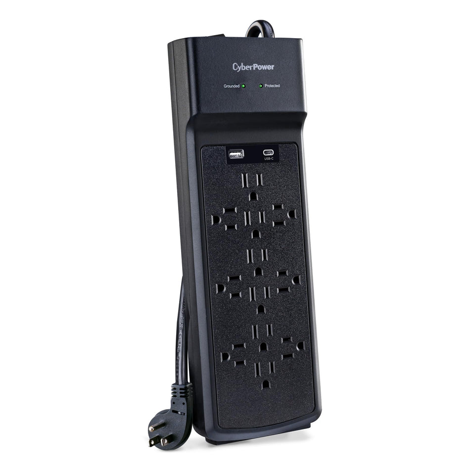 CyberPower front view showing all twelve outlets and black housing for versatile placement