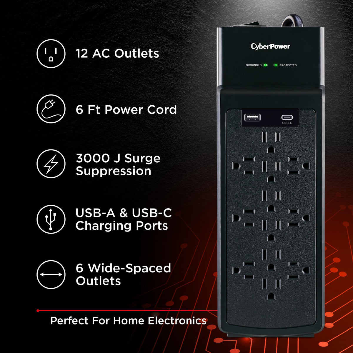 CyberPower USB-A and USB-C ports detail for charging phones and tablets without chargers