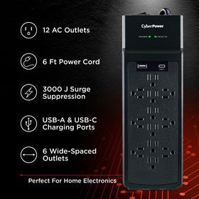 CyberPower USB-A and USB-C ports detail for charging phones and tablets without chargers