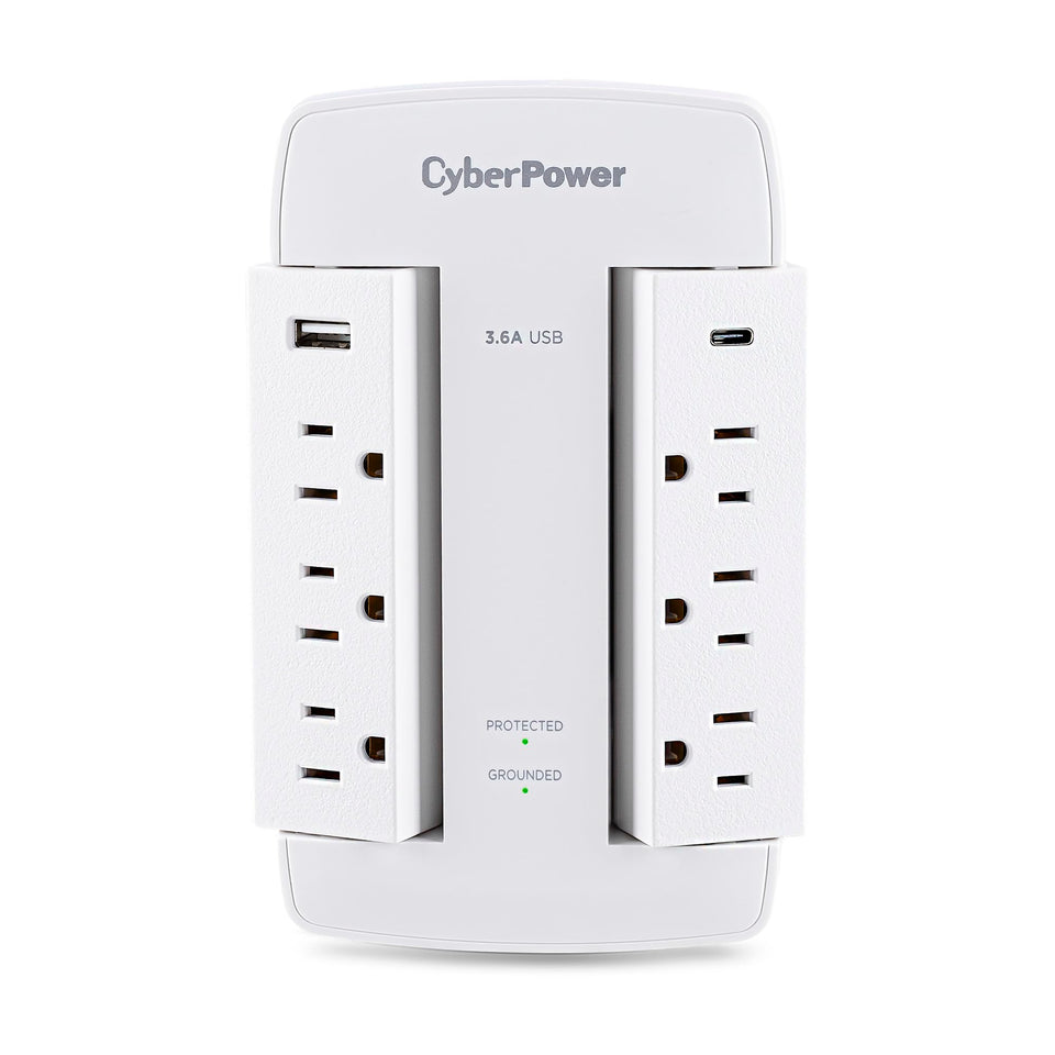 CyberPower CSP600WSURC5 front view with six swivel outlets for flexible layouts.