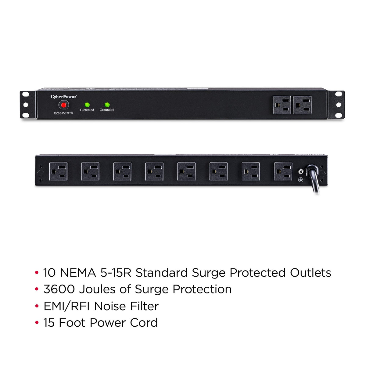 CyberPower RKBS15S2F8R 1U rackmount design for tidy equipment mounting.