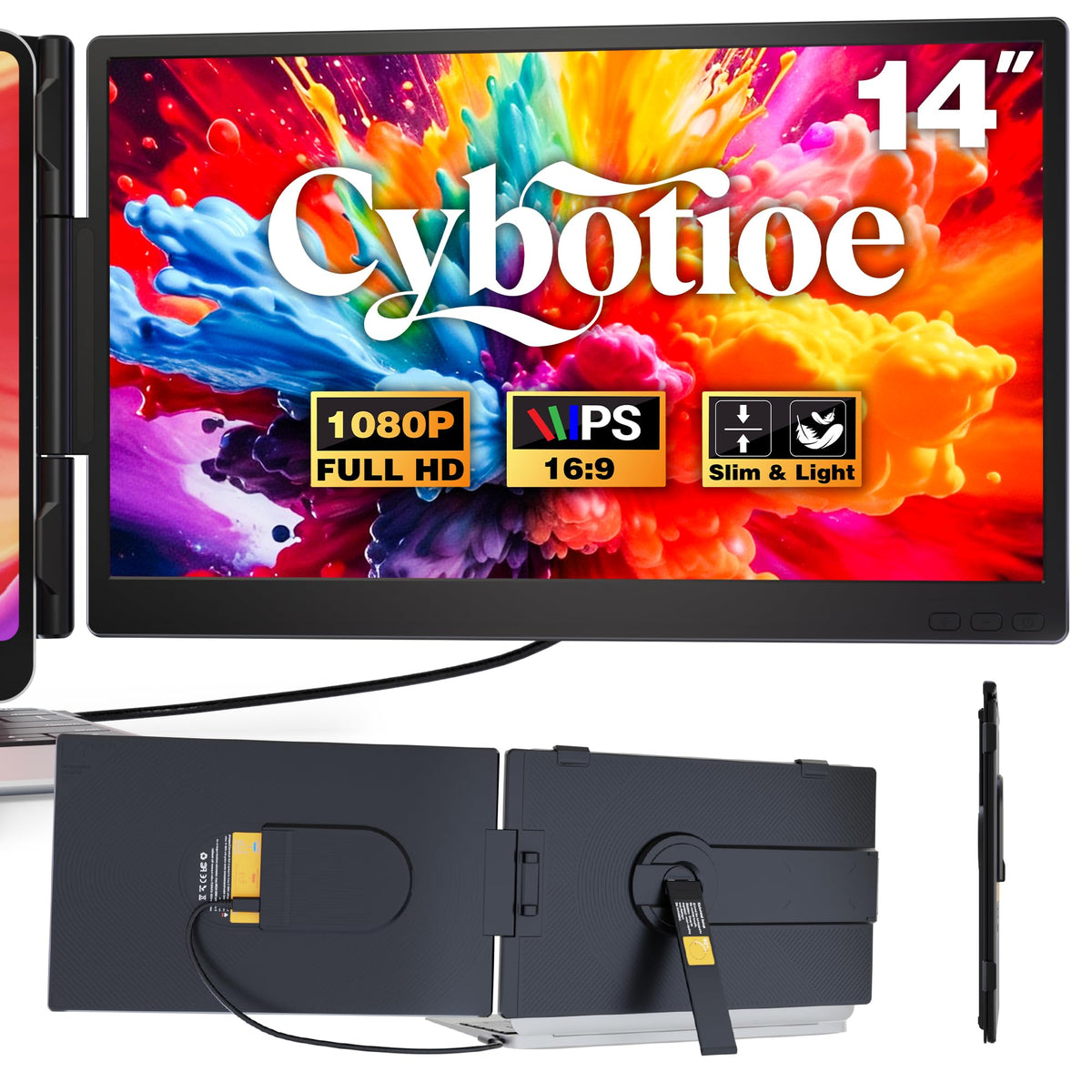 Cybotioe laptop screen extender in a dual-monitor setup on a desk for productivity