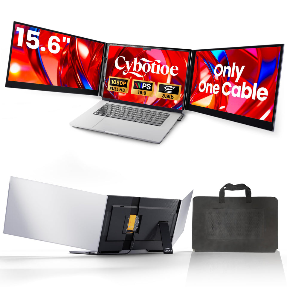 Cybotioe triple-screen laptop extender front view boosts multitasking on the go.