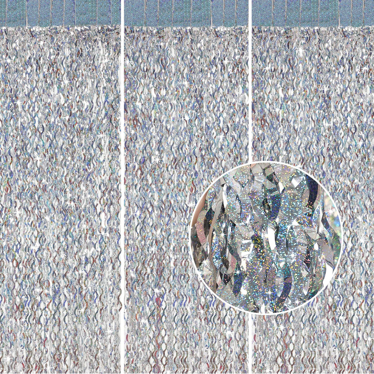 CYLMFC silver tinsel backdrop enhances festive party photos.