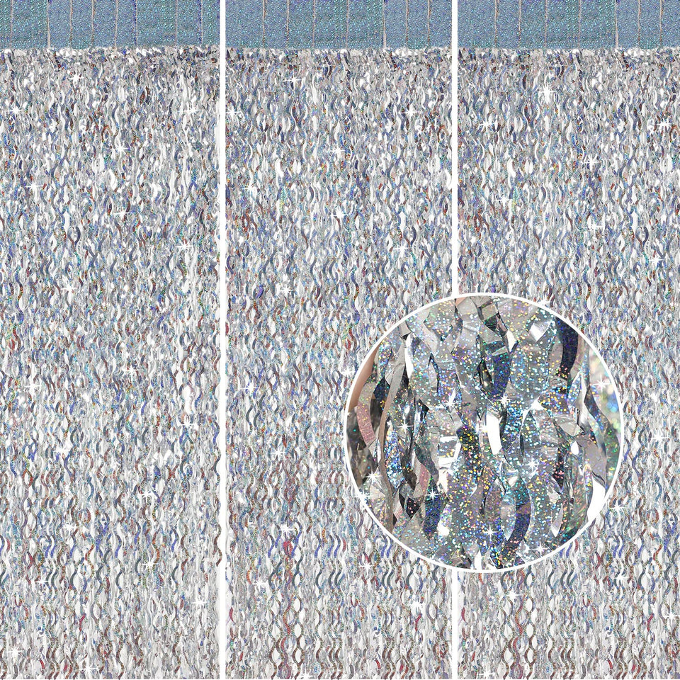 CYLMFC silver tinsel backdrop enhances festive party photos.