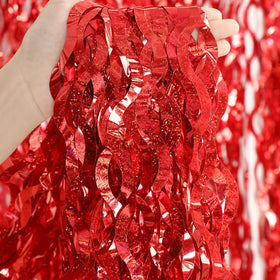 CYLMFC red foil curtain backdrop ready to install with tape