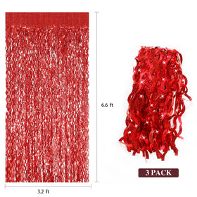 CYLMFC 3-pack red foil fringe curtain backdrop for festive photos and decor
