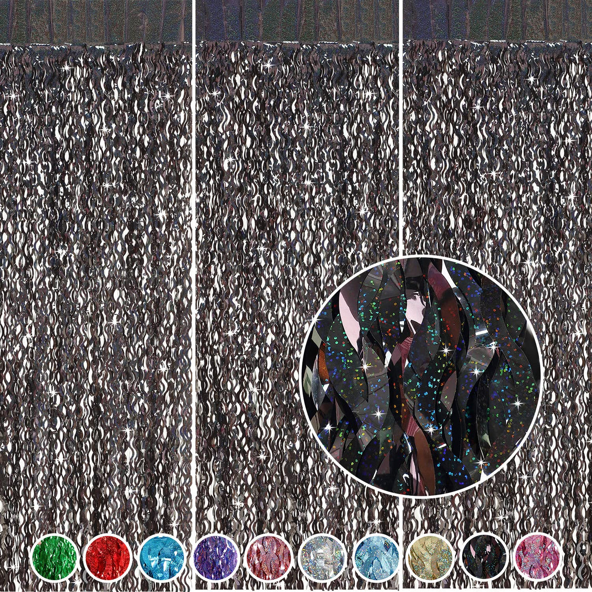 CYLMFC black foil curtain backdrop 3-pack creates a shimmering photo booth backdrop.