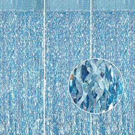 CYLMFC blue tinsel foil fringe curtain front view adds shimmering backdrop
